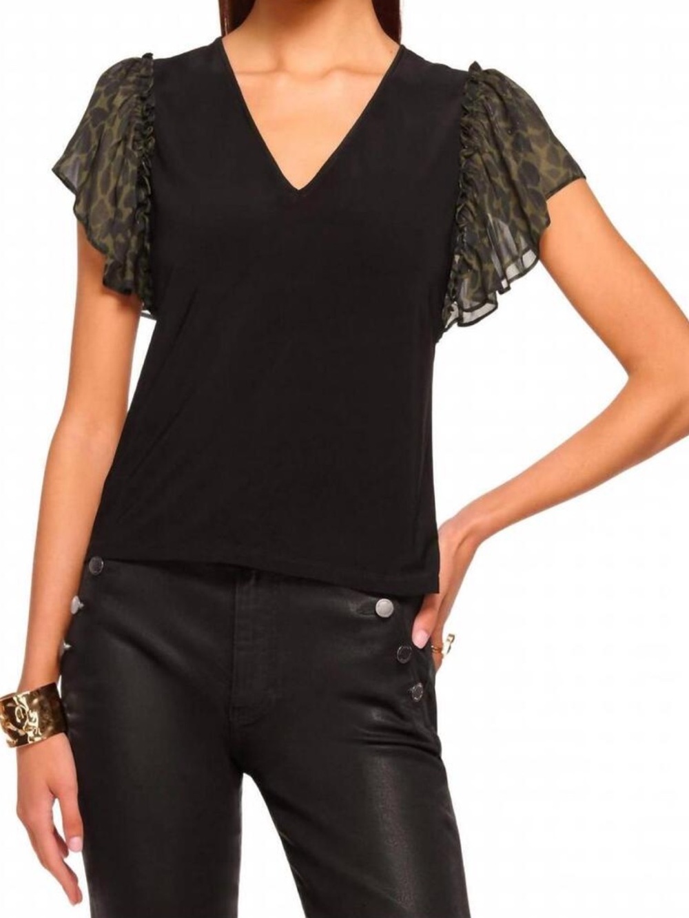 RAMY BROOK Lysette Black / Brown Pull On V-Neck Animal Print Flutter Sleeve Top.